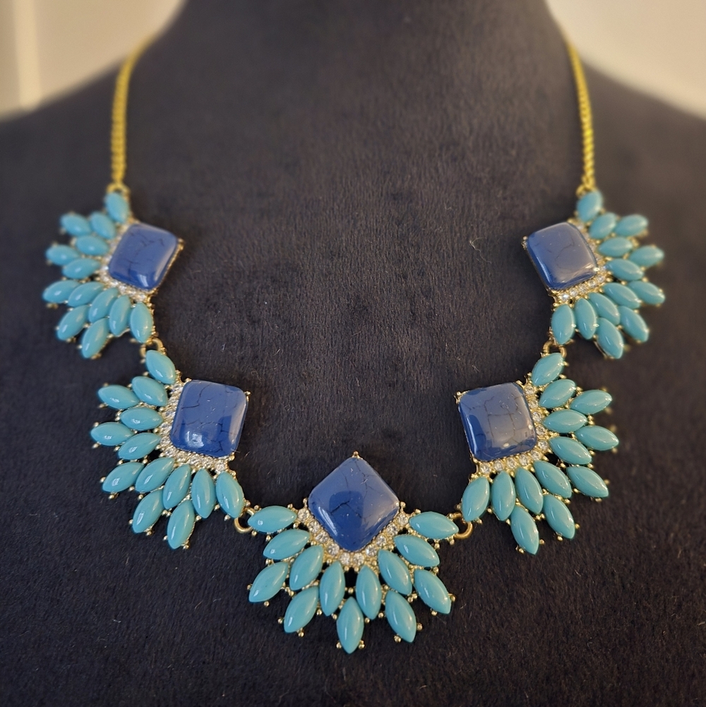 Elegant Blue Turquoise & Rhinestone Encrusted  Statement Necklace